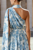 White and Blue Floral One Shoulder A Line Wedding Guest Dress