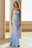Blue Spaghetti Straps Long Wedding Guest Dress