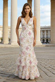 Pink Floral V Neck Tiered Wedding Guest Dress