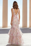 Pink Floral V Neck Tiered Wedding Guest Dress