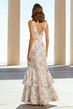 Pink Floral V Neck Tiered Wedding Guest Dress