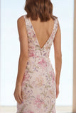 Pink Floral V Neck Tiered Wedding Guest Dress