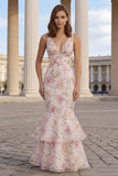 Pink Floral V Neck Tiered Wedding Guest Dress