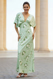 Sage Floral V Neck Half Sleeve Wedding Guest Dress