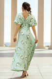 Sage Floral V Neck Half Sleeve Wedding Guest Dress