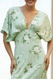 Sage Floral V Neck Half Sleeve Wedding Guest Dress