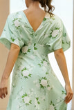 Sage Floral V Neck Half Sleeve Wedding Guest Dress