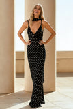 Simple Black White Dots Spaghetti Straps Wedding Guest Dress