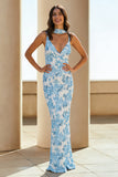 White and Blue Floral Spaghetti Straps Long Wedding Guest Dress