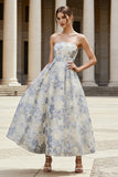 Strapless A Line Dusty Blue Floral Embroidered Wedding Guest Dress