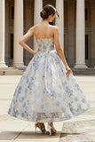 Strapless A Line Dusty Blue Floral Embroidered Wedding Guest Dress