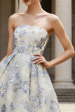 Strapless A Line Dusty Blue Floral Embroidered Wedding Guest Dress