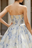 Strapless A Line Dusty Blue Floral Embroidered Wedding Guest Dress