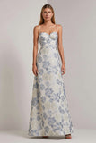 Dusty Blue Floral Embroidered A Line Wedding Guest Dress