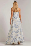 Dusty Blue Floral Embroidered A Line Wedding Guest Dress