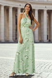 Sage Floral Halter A Line Wedding Guest Dress