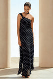 One Shoulder Black White Dots Long Wedding Guest Dress