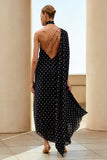 One Shoulder Black White Dots Long Wedding Guest Dress