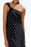 One Shoulder Black White Dots Long Wedding Guest Dress