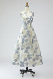 Dusty Blue Floral Round Neck A Line Wedding Guest Dress