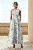 Dusty Blue Floral Round Neck A Line Wedding Guest Dress