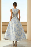 Dusty Blue Floral Round Neck A Line Wedding Guest Dress