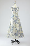 Dusty Blue Floral Round Neck A Line Wedding Guest Dress