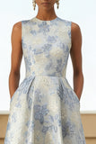 Dusty Blue Floral Round Neck A Line Wedding Guest Dress