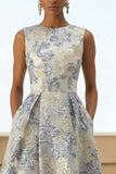 Dusty Blue Floral Round Neck A Line Wedding Guest Dress