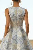 Dusty Blue Floral Round Neck A Line Wedding Guest Dress