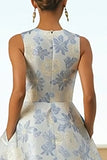 Dusty Blue Floral Round Neck A Line Wedding Guest Dress