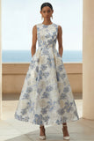 Dusty Blue Floral Round Neck A Line Wedding Guest Dress