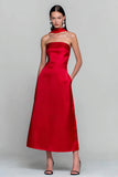 Red Satin Strapless A Line Wedding Guest Dress