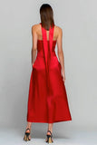 Red Satin Strapless A Line Wedding Guest Dress