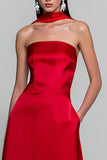 Red Satin Strapless A Line Wedding Guest Dress