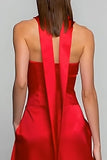 Red Satin Strapless A Line Wedding Guest Dress