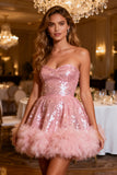 Sparkly Pink Strapless A Line Cocktail Dress with Feather