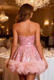 Sparkly Pink Strapless A Line Cocktail Dress with Feather