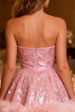 Sparkly Pink Strapless A Line Cocktail Dress with Feather