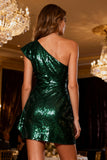 Sparkly One Shoulder Dark Green Short Cocktail Dress