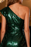 Sparkly One Shoulder Dark Green Short Cocktail Dress