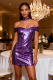 Sparkly Off the Shoulder Purple Short Cocktail Dress