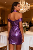 Sparkly Off the Shoulder Purple Short Cocktail Dress