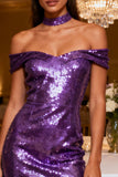Sparkly Off the Shoulder Purple Short Cocktail Dress