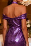 Sparkly Off the Shoulder Purple Short Cocktail Dress