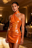 Orange Halter Sequin Bodycon Cocktail Dress