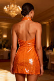 Orange Halter Sequin Bodycon Cocktail Dress