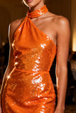Orange Halter Sequin Bodycon Cocktail Dress