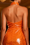 Orange Halter Sequin Bodycon Cocktail Dress
