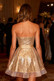 Sparkly Gold Strapless A Line Short Cocktail Dress